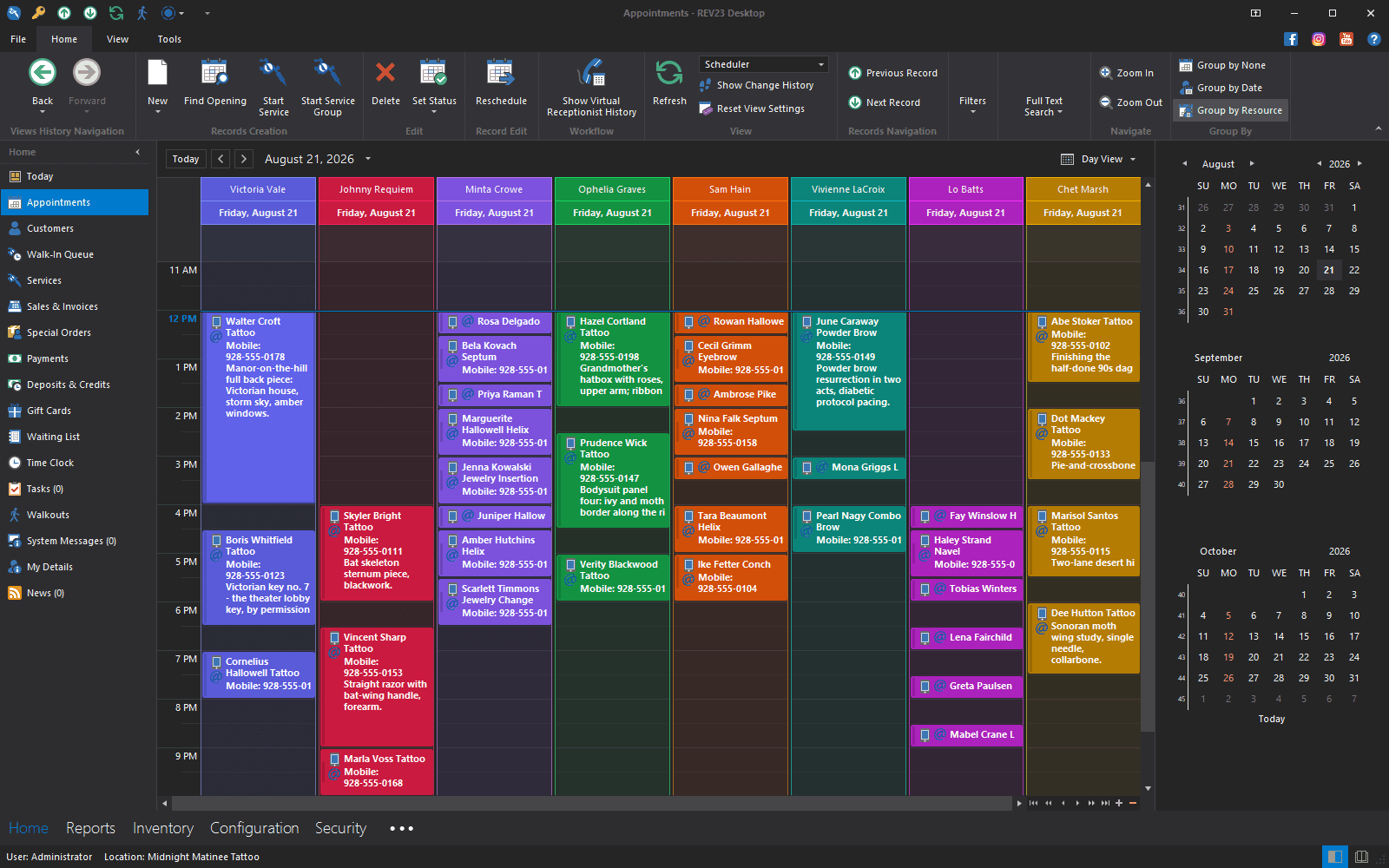 REV23 Desktop appointment calendar showing a day view grouped by artist