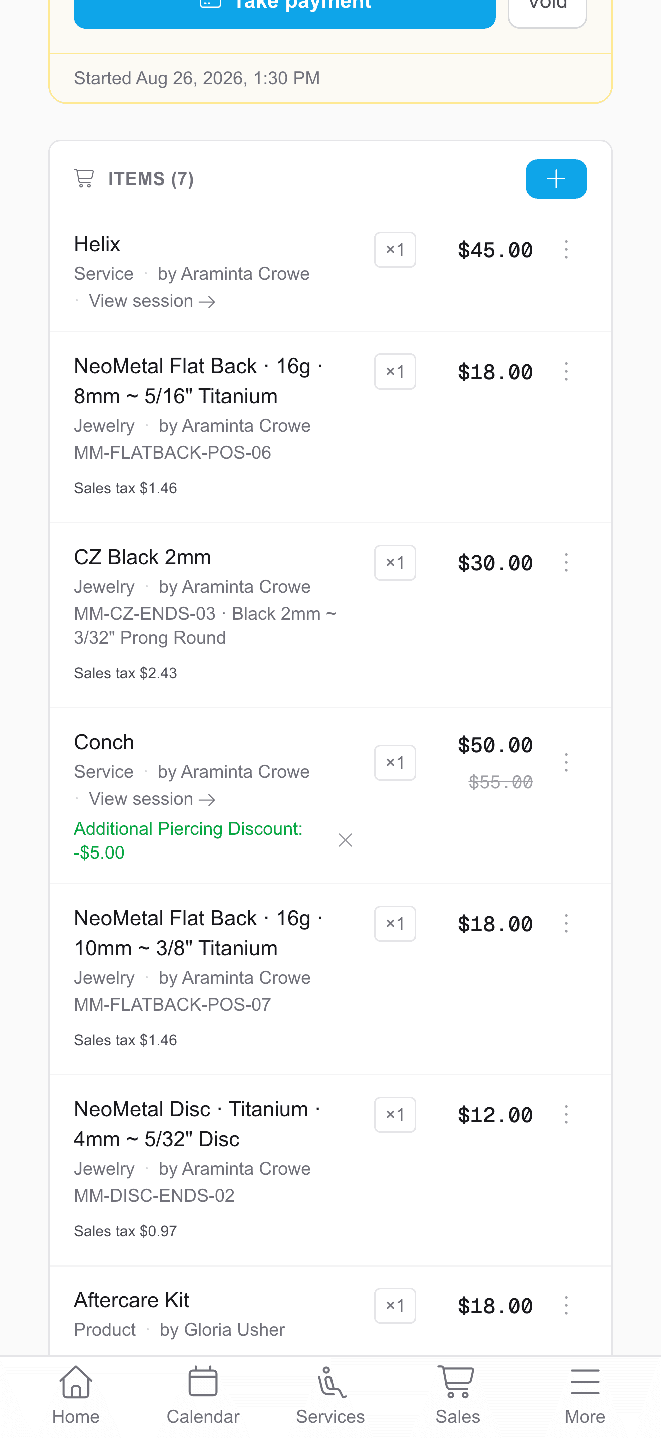 A piercing point of sale in REV23 with service, installed jewelry, and an additional-piercing discount